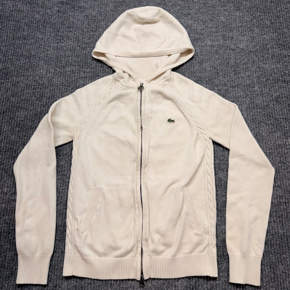 Lacoste Double Zip Hoodie Cable Knit Detail Sweatshirt Womens 36 Small Preppy